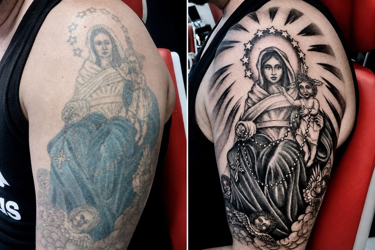 Cover-up de tatuagem religiosa antiga, antes e depois