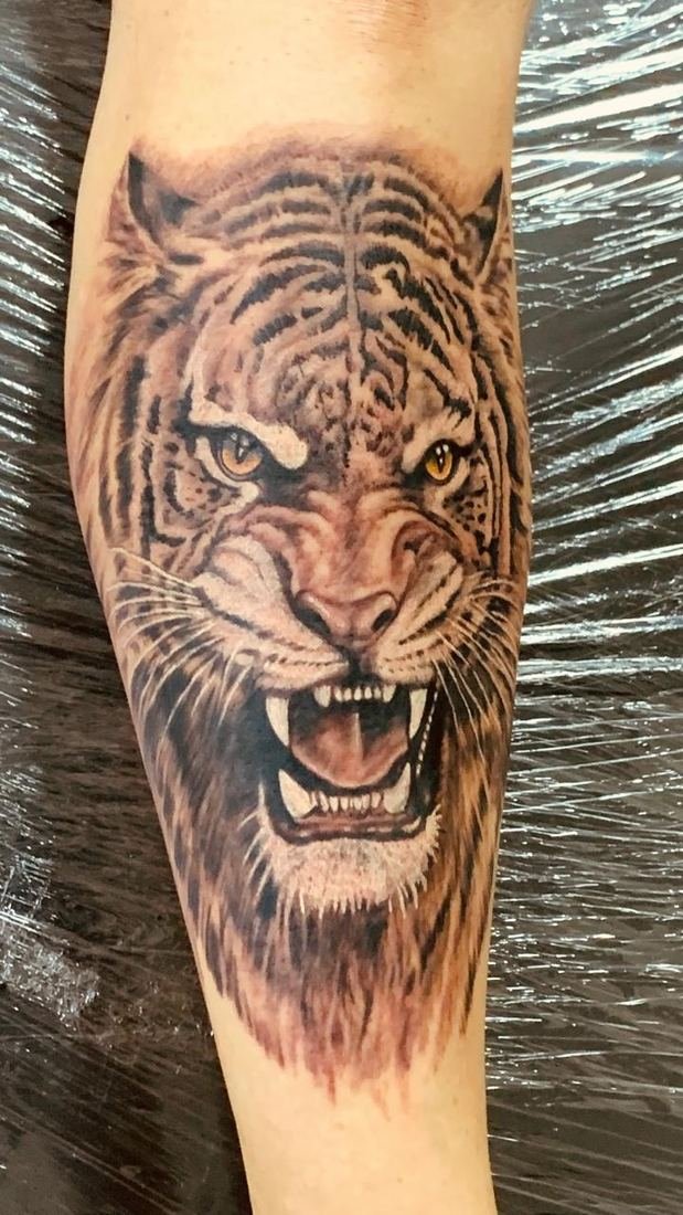 Tatuagem realista de tigre no braço